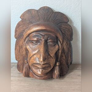 Hand Carved Wood Indian Head Chief Bust Tobacco Store Cigar Shop Sculpture 12"